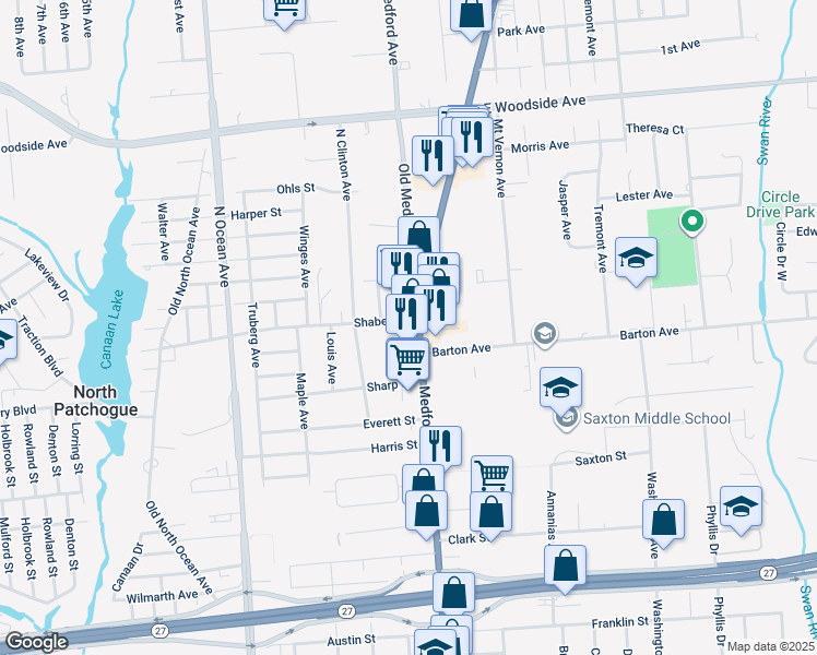 map of restaurants, bars, coffee shops, grocery stores, and more near 552 Medford Avenue in Patchogue