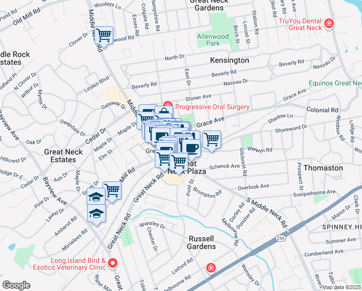 map of restaurants, bars, coffee shops, grocery stores, and more near 31 North Station Plaza in Great Neck