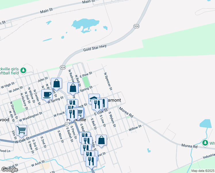 map of restaurants, bars, coffee shops, grocery stores, and more near 36 North Spencer Street in Frackville