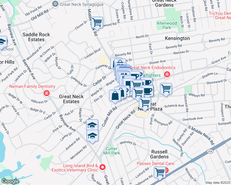 map of restaurants, bars, coffee shops, grocery stores, and more near 24 Elm Street in Great Neck
