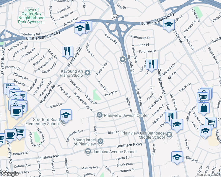 map of restaurants, bars, coffee shops, grocery stores, and more near 26 Vista Road in Plainview