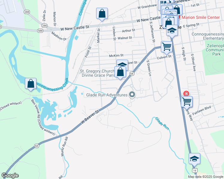 map of restaurants, bars, coffee shops, grocery stores, and more near 718 Hemlock Square in Zelienople