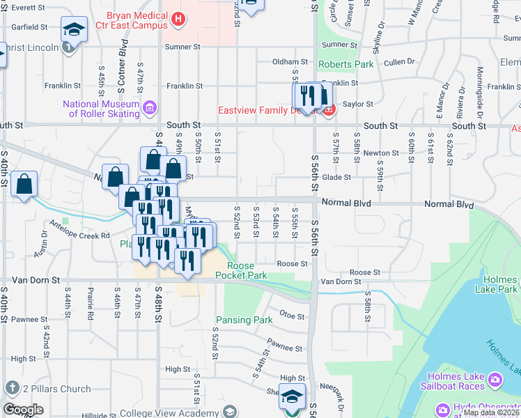map of restaurants, bars, coffee shops, grocery stores, and more near 5239 Normal Boulevard in Lincoln
