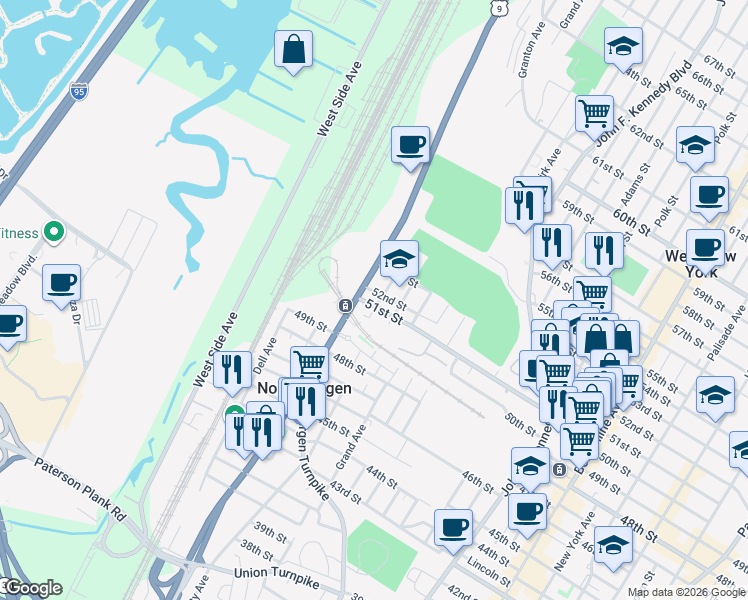 map of restaurants, bars, coffee shops, grocery stores, and more near 1612 52nd Street in North Bergen
