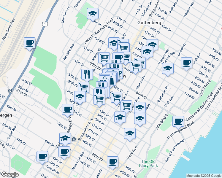 map of restaurants, bars, coffee shops, grocery stores, and more near 5807 Bergenline Avenue in West New York
