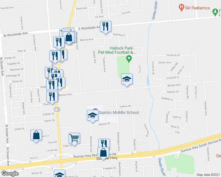 map of restaurants, bars, coffee shops, grocery stores, and more near 175 Barton Avenue in Patchogue