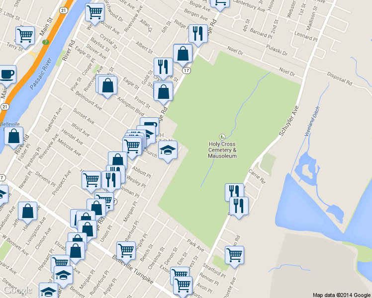 map of restaurants, bars, coffee shops, grocery stores, and more near 228 Rutherford Place in North Arlington