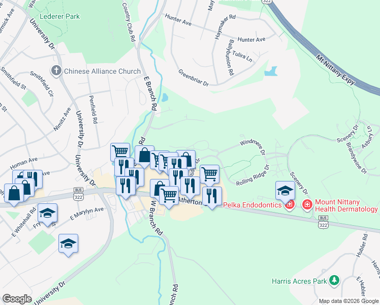 map of restaurants, bars, coffee shops, grocery stores, and more near 250 Village Heights Drive in State College