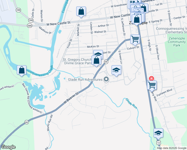 map of restaurants, bars, coffee shops, grocery stores, and more near 717 Hemlock Square in Zelienople