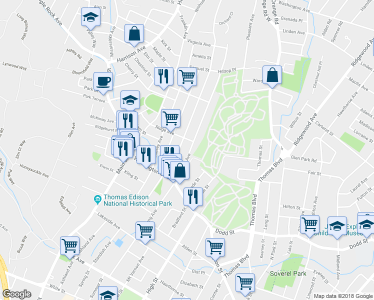 map of restaurants, bars, coffee shops, grocery stores, and more near 137 Watchung Avenue in West Orange