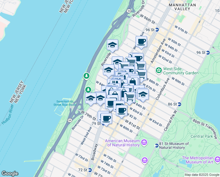 map of restaurants, bars, coffee shops, grocery stores, and more near 300 West 84th Street in New York