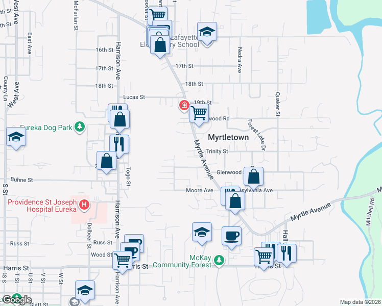 map of restaurants, bars, coffee shops, grocery stores, and more near 2198 Myrtle Avenue in Eureka
