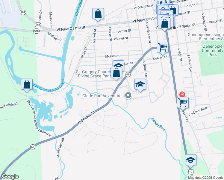 map of restaurants, bars, coffee shops, grocery stores, and more near 717 Hemlock Square in Zelienople
