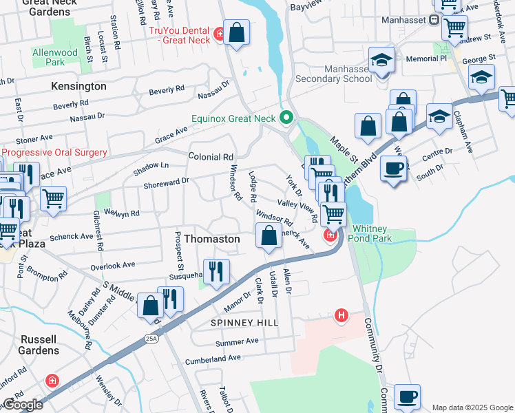 map of restaurants, bars, coffee shops, grocery stores, and more near 25 Windsor Road in Great Neck