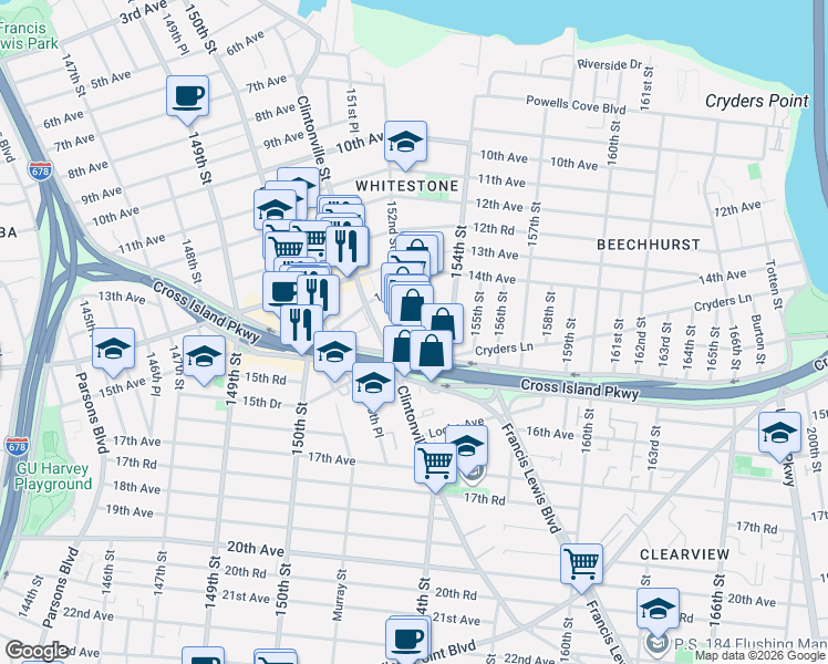 map of restaurants, bars, coffee shops, grocery stores, and more near 153-33 Cross Island Parkway in Queens