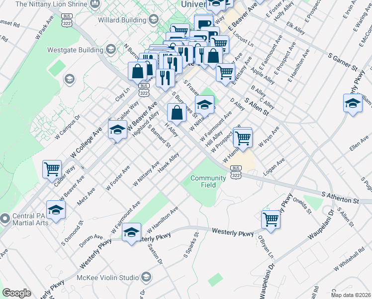 map of restaurants, bars, coffee shops, grocery stores, and more near 426 South Atherton Street in State College