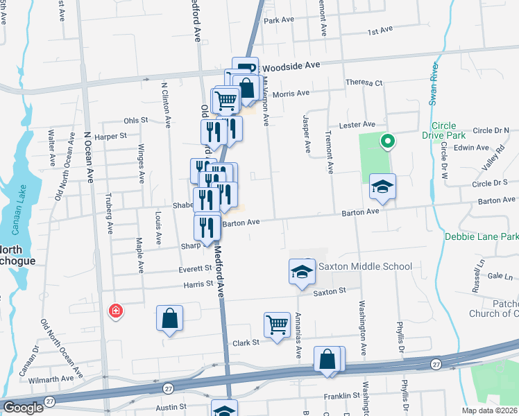 map of restaurants, bars, coffee shops, grocery stores, and more near 59 Barton Avenue in Patchogue