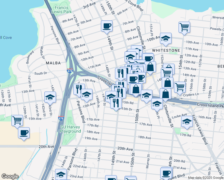 map of restaurants, bars, coffee shops, grocery stores, and more near 148-02 14th Avenue in Queens