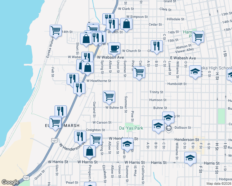 map of restaurants, bars, coffee shops, grocery stores, and more near 2161 Albee Street in Eureka