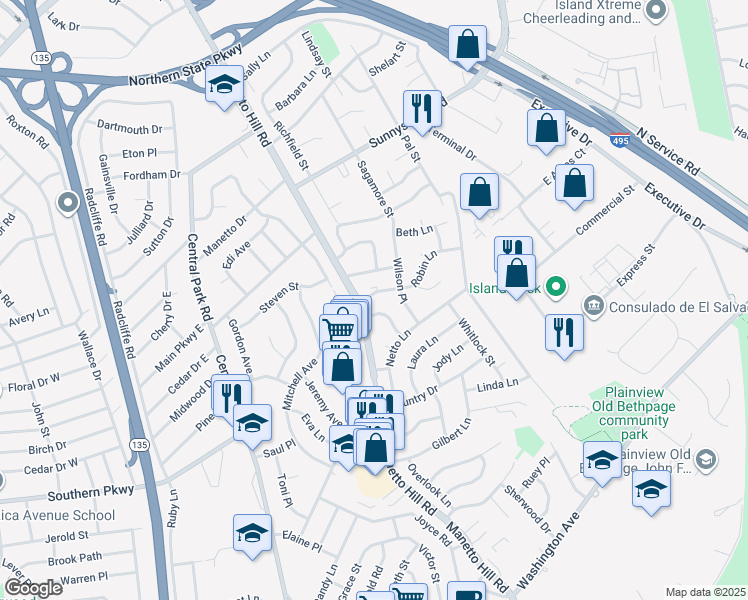 map of restaurants, bars, coffee shops, grocery stores, and more near 6 Robin Lane in Plainview