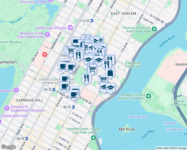 map of restaurants, bars, coffee shops, grocery stores, and more near 1980 2nd Avenue in New York