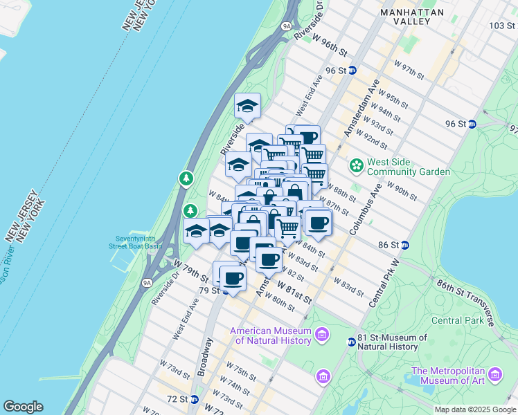 map of restaurants, bars, coffee shops, grocery stores, and more near 252 West 85th Street in New York