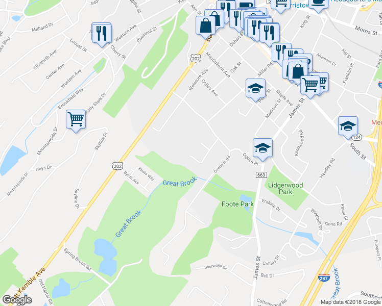 map of restaurants, bars, coffee shops, grocery stores, and more near 12 Vanderpool Drive in Morristown