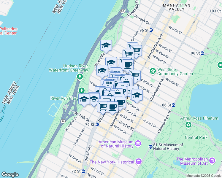 map of restaurants, bars, coffee shops, grocery stores, and more near 252 West 85th Street in New York