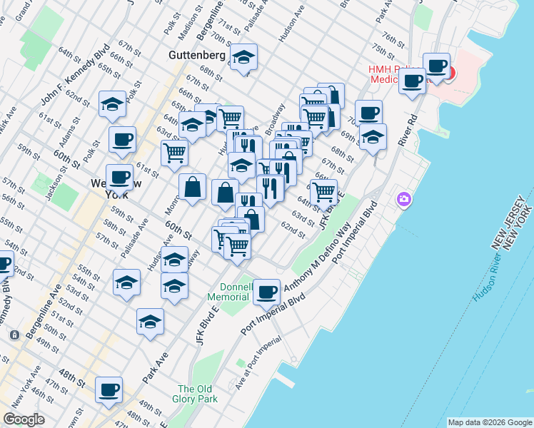 map of restaurants, bars, coffee shops, grocery stores, and more near 100 62nd Street in West New York