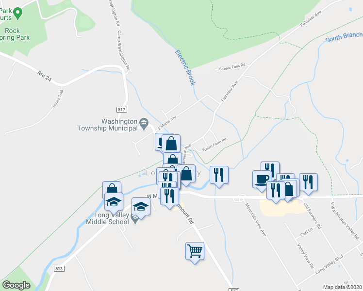 map of restaurants, bars, coffee shops, grocery stores, and more near 32 Fairview Avenue in Long Valley