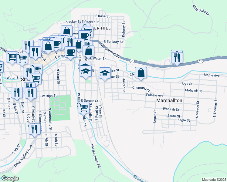 map of restaurants, bars, coffee shops, grocery stores, and more near 822 East Chestnut Street in Shamokin