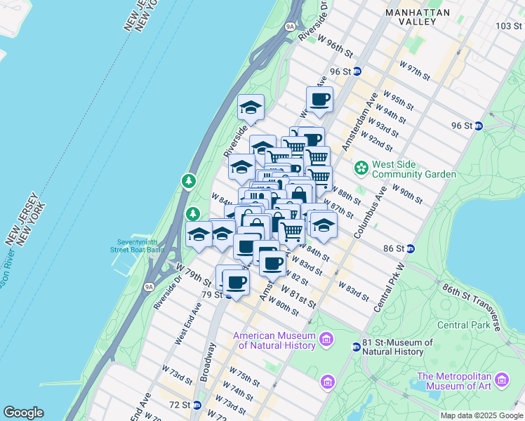 map of restaurants, bars, coffee shops, grocery stores, and more near 252 West 85th Street in New York