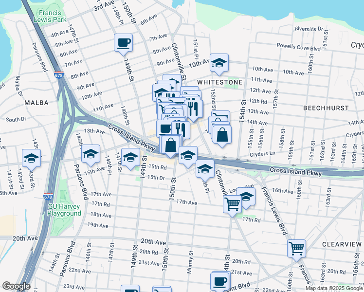 map of restaurants, bars, coffee shops, grocery stores, and more near 150-15 14th Road in Queens