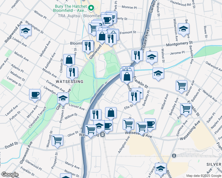 map of restaurants, bars, coffee shops, grocery stores, and more near 39 Lake Street in Bloomfield