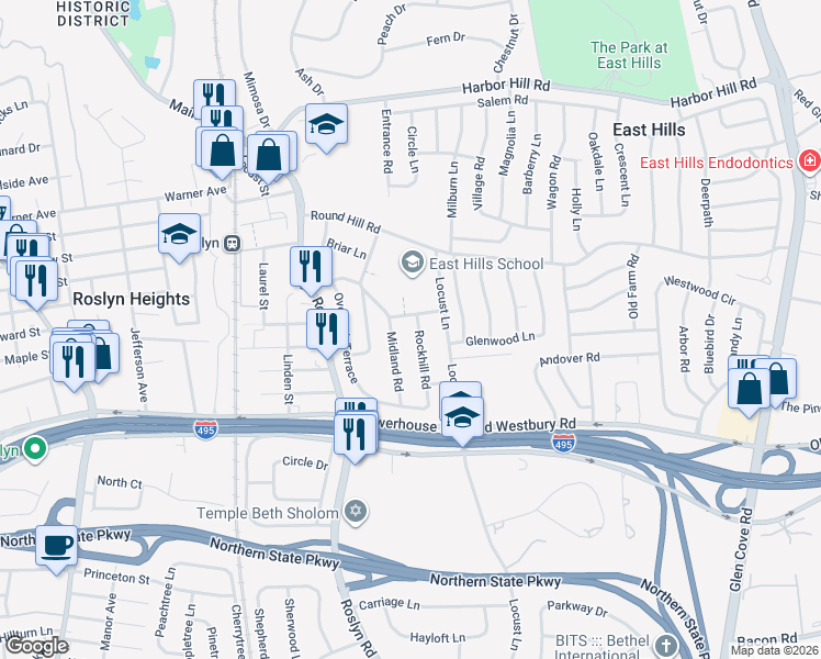 map of restaurants, bars, coffee shops, grocery stores, and more near 3 Rockhill Road in Roslyn Heights