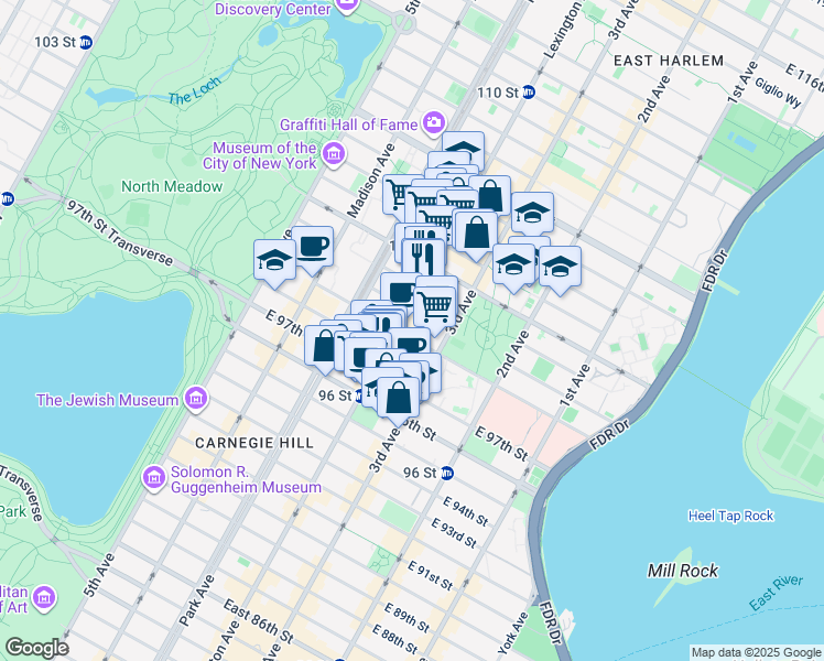map of restaurants, bars, coffee shops, grocery stores, and more near 155 East 99th Street in New York
