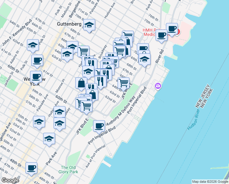 map of restaurants, bars, coffee shops, grocery stores, and more near 44 63rd Street in West New York