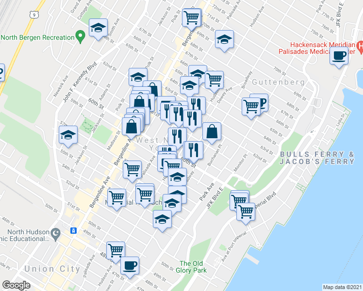 map of restaurants, bars, coffee shops, grocery stores, and more near 6017 Hudson Avenue in West New York