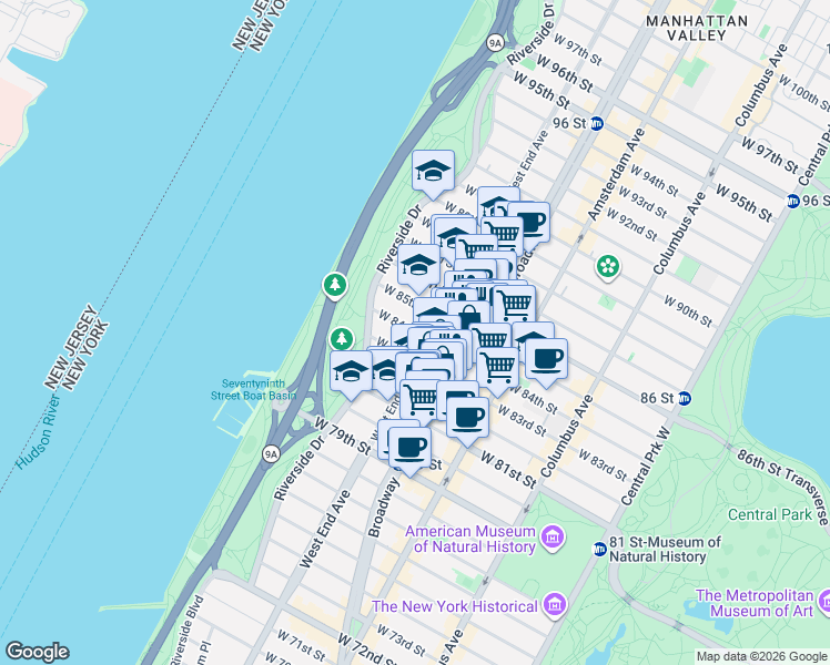 map of restaurants, bars, coffee shops, grocery stores, and more near 312 West 84th Street in New York