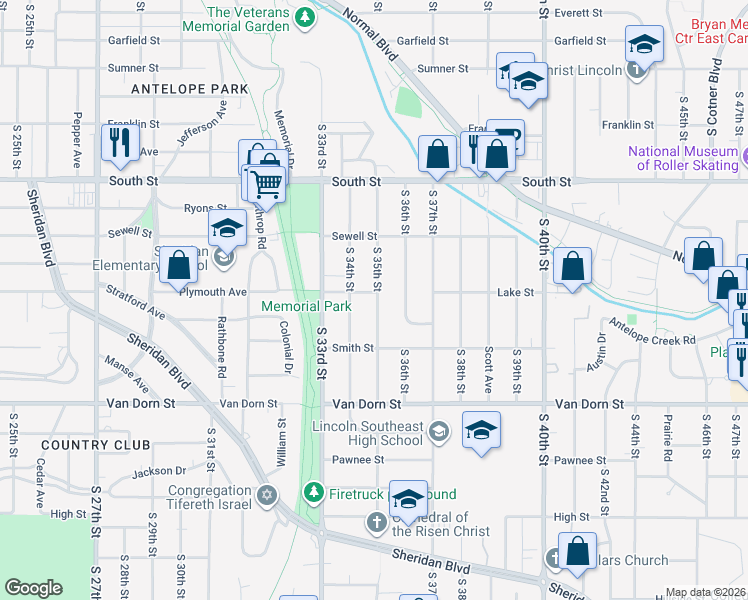 map of restaurants, bars, coffee shops, grocery stores, and more near 2505 South 35th Street in Lincoln