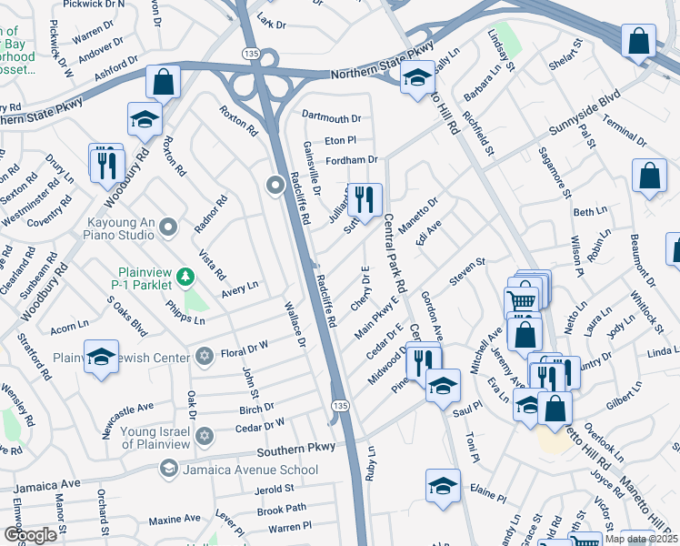 map of restaurants, bars, coffee shops, grocery stores, and more near 27 Northern Parkway West in Plainview
