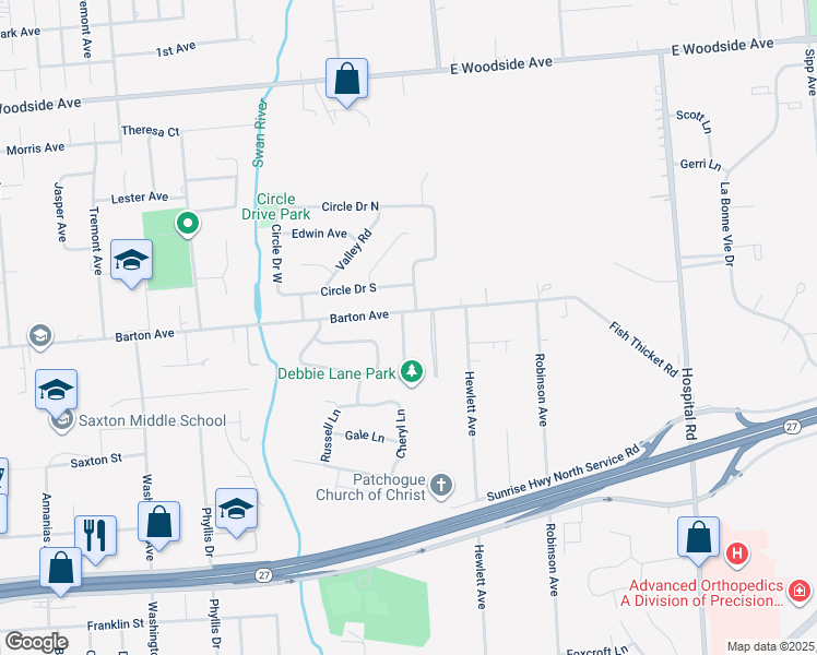 map of restaurants, bars, coffee shops, grocery stores, and more near 338 Barton Avenue in Patchogue