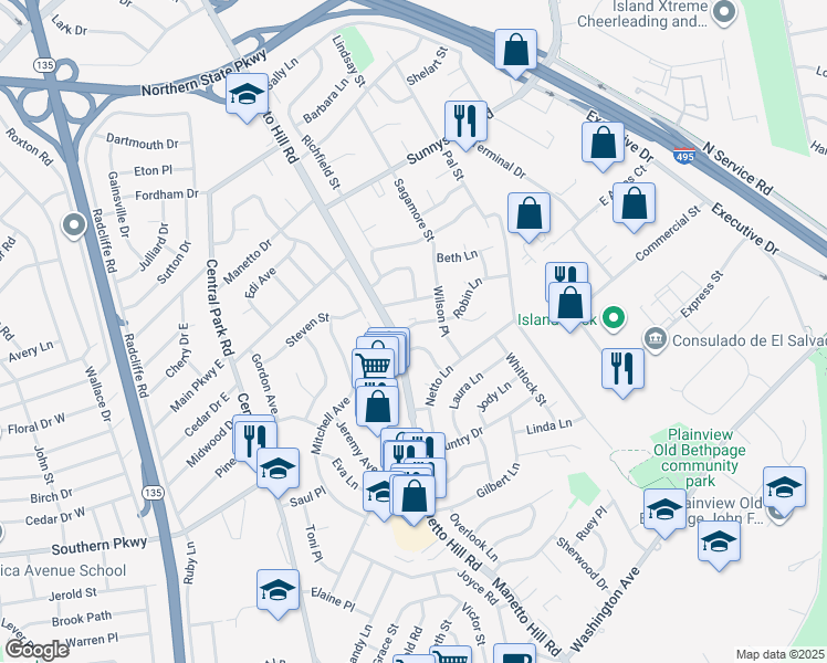 map of restaurants, bars, coffee shops, grocery stores, and more near 6 Robin Lane in Plainview