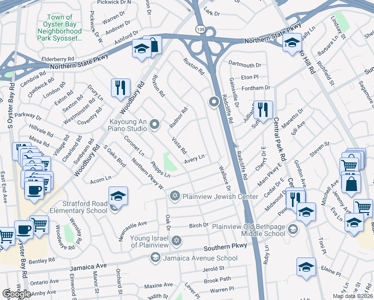 map of restaurants, bars, coffee shops, grocery stores, and more near 26 Vista Road in Plainview