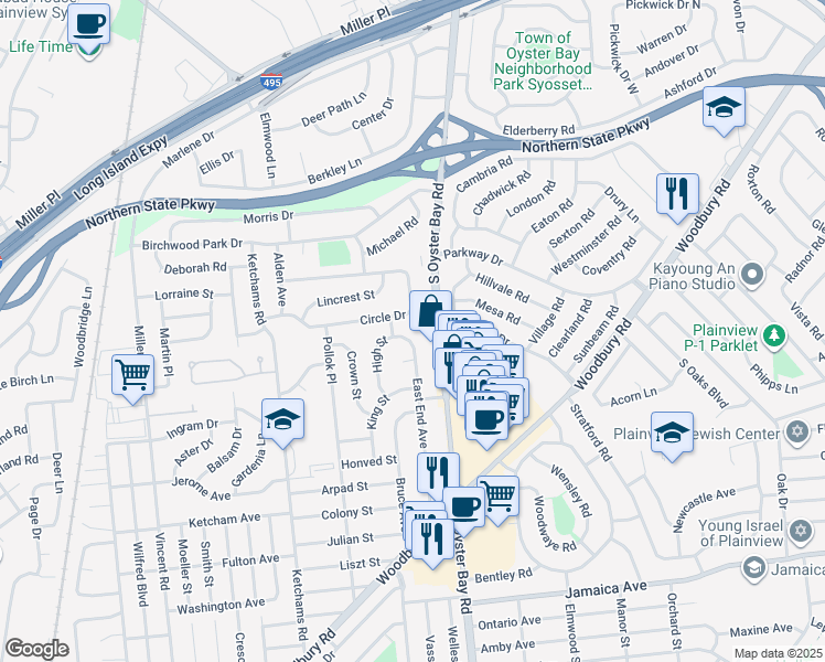 map of restaurants, bars, coffee shops, grocery stores, and more near 57 Circle Drive in Syosset