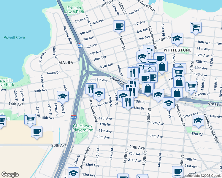 map of restaurants, bars, coffee shops, grocery stores, and more near 13-29 146th Place in Queens
