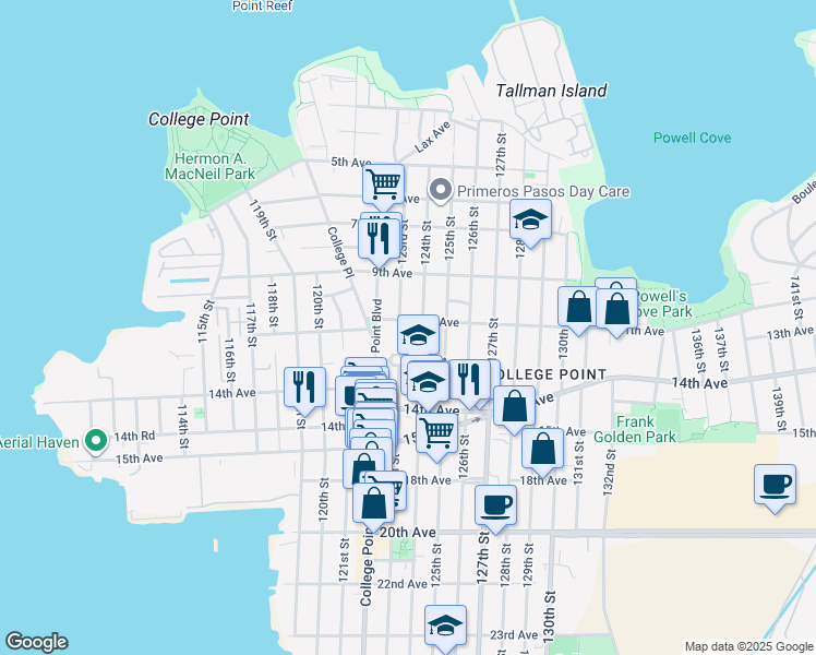 map of restaurants, bars, coffee shops, grocery stores, and more near 122-13 11th Avenue in Queens