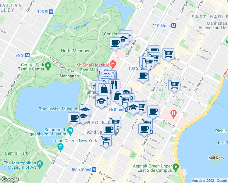 map of restaurants, bars, coffee shops, grocery stores, and more near 53 East 97th Street in New York