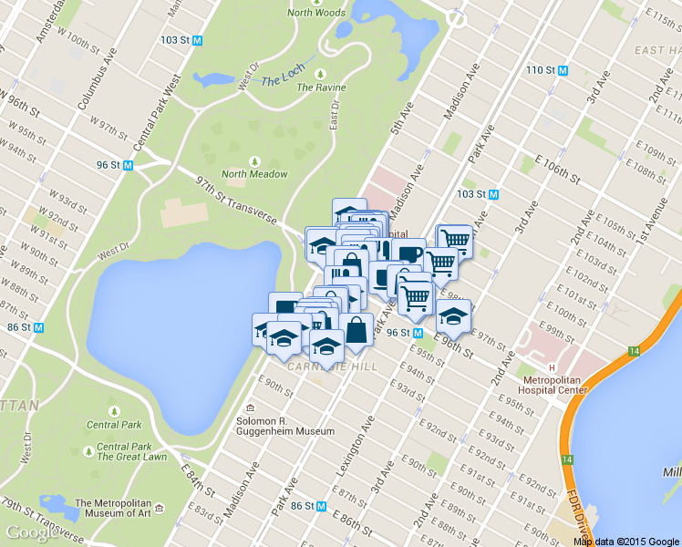 map of restaurants, bars, coffee shops, grocery stores, and more near 12 East 97th Street in New York