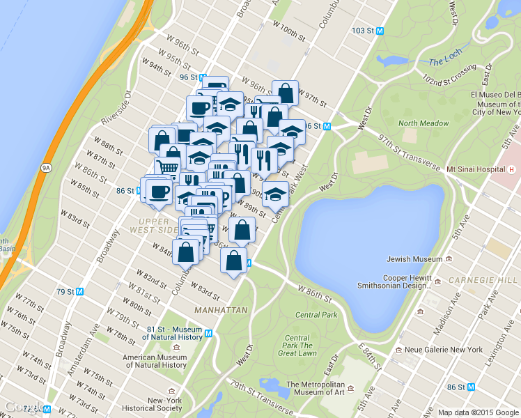 map of restaurants, bars, coffee shops, grocery stores, and more near 47 West 89th Street in New York